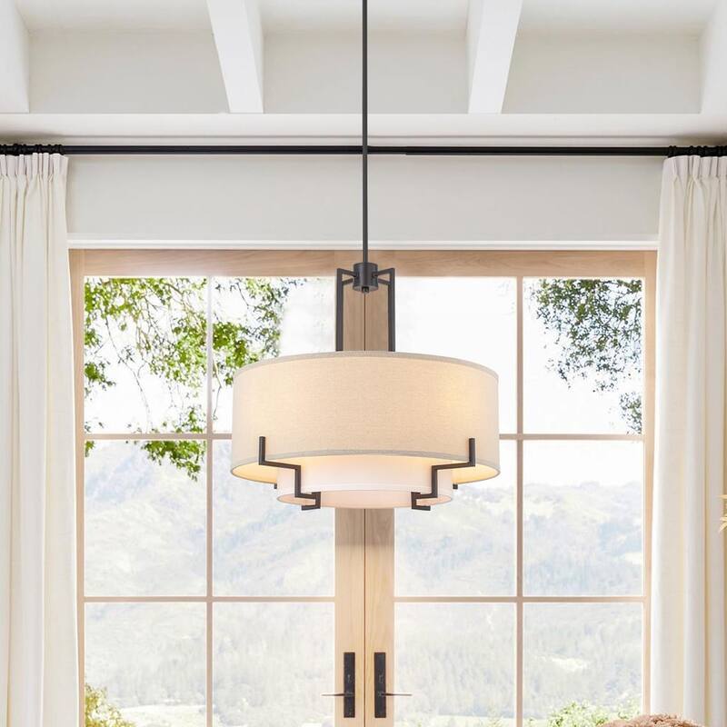 4-Light Farmhouse Modern Oil-Rubbed Bronze Fabric Drum Pendant Light - 25 in. W x 22.6 in. H