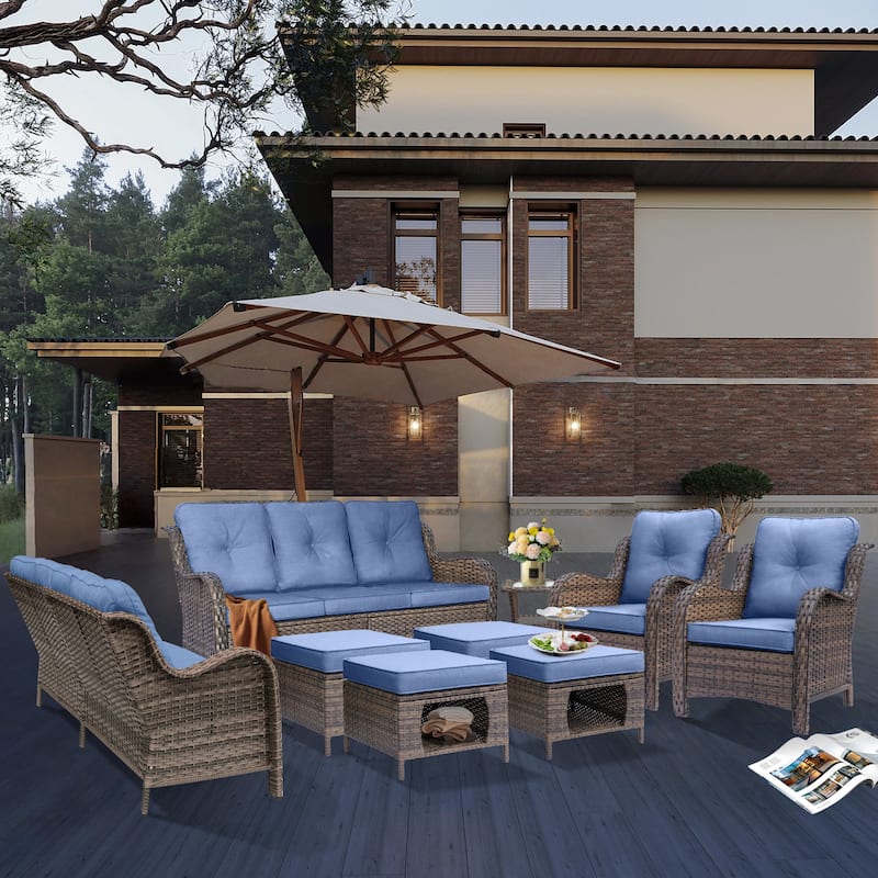 9 Piece Wicker Outdoor Patio Furniture Seating Sofa Conversation Sets - Blue-Brown Rattan