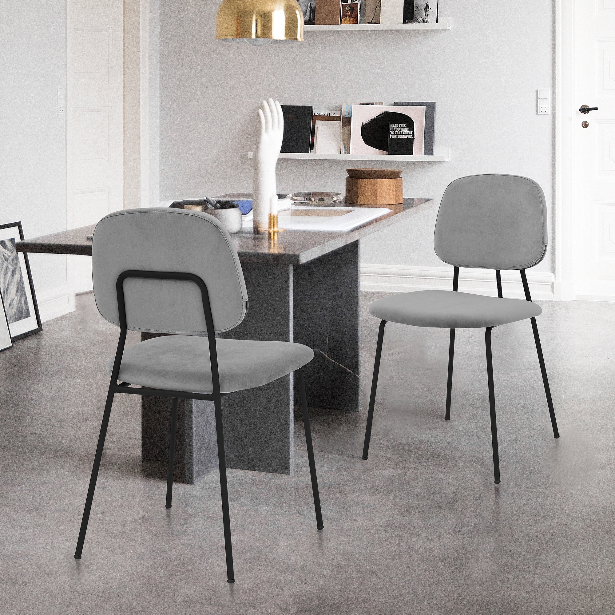 Set of 2 Gray Velvet Retro Dining Chairs with Metal Legs