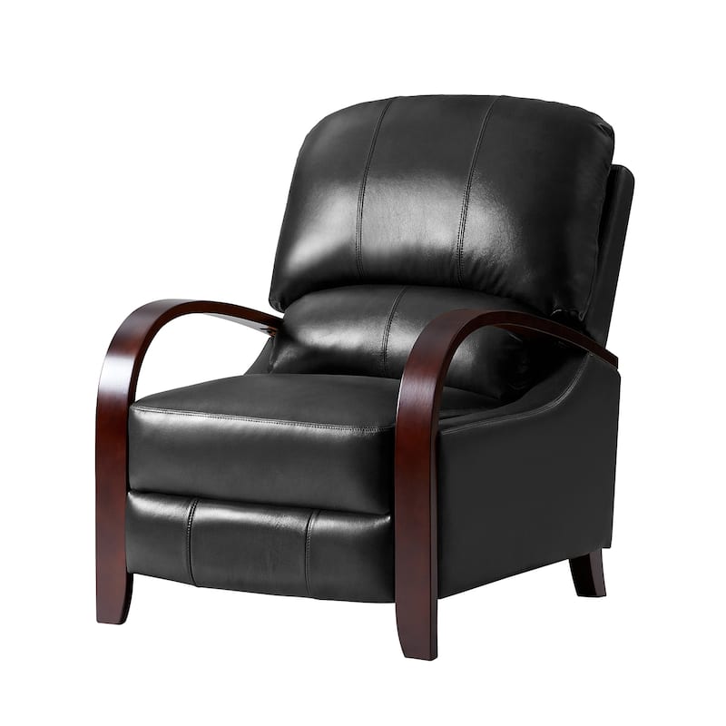 Alex Mid-century Modern Genuine Leather Manual Recliner with Wooden Curved Arms