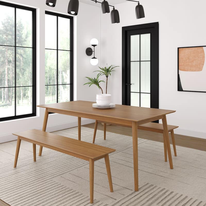 Plank and Beam 72" Mid-Century Modern Dining Table and Benches Set - 72 - Pecan