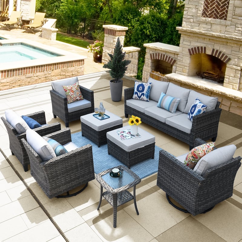 OVIOS 8-Piece Swivel Chairs Patio Wicker Conversation Furniture Set - Grey