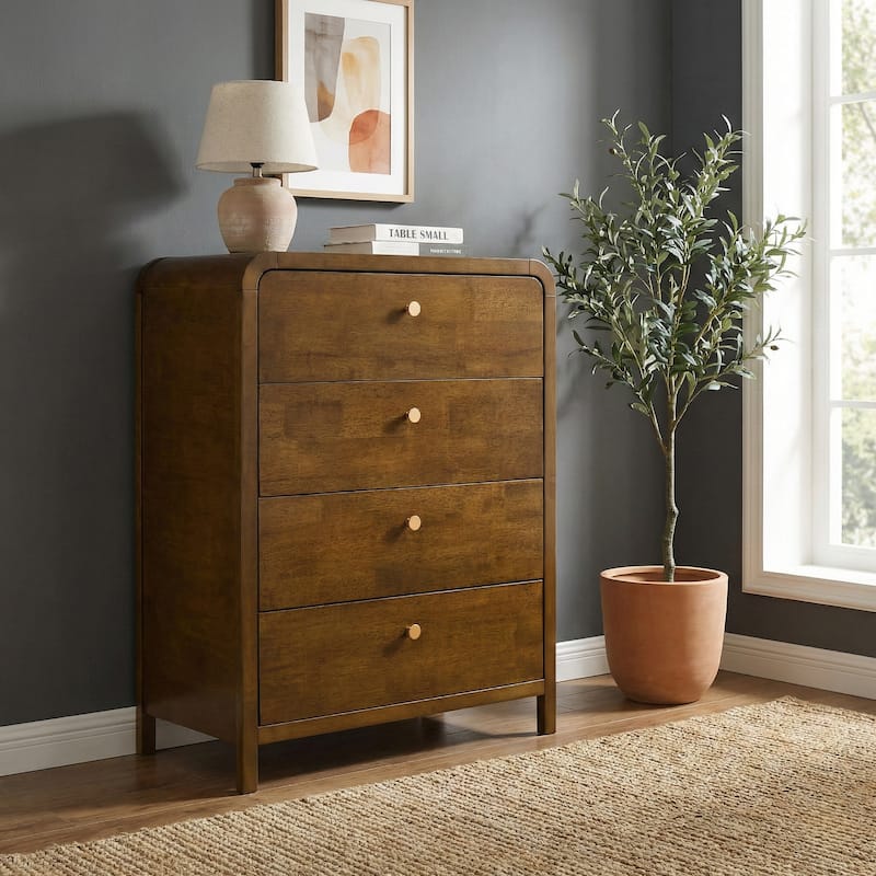 Roundhill Furniture Eldren 4-Drawer Wood Chest with Solid Rubberwood Frame, Walnut Finish