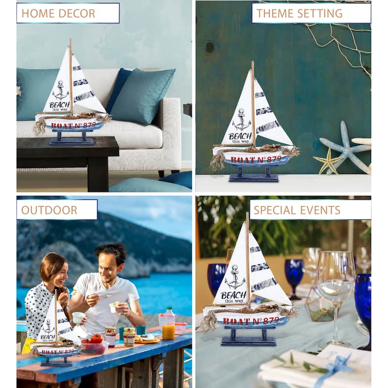 CoTa Global Ocean Blue Sailboat Decor - Large Handmade Wooden Boat - 16″Lx11″Wx3.5″H