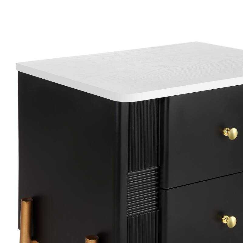 Modern 2-Drawer Fluted Nightstand - Golden Metal Handles/Legs, Easy Assembly (Black)