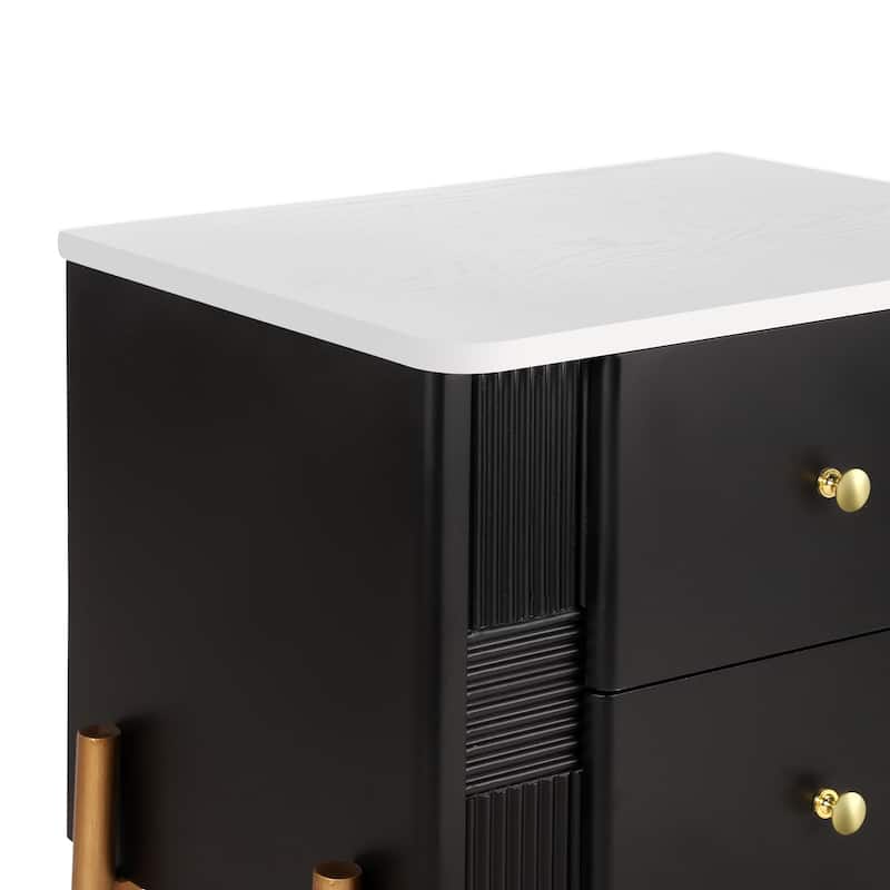 Modern Nightstand with 2 Storage Drawer, Fluted Bedside Table with Golden Metal Handles and Legs