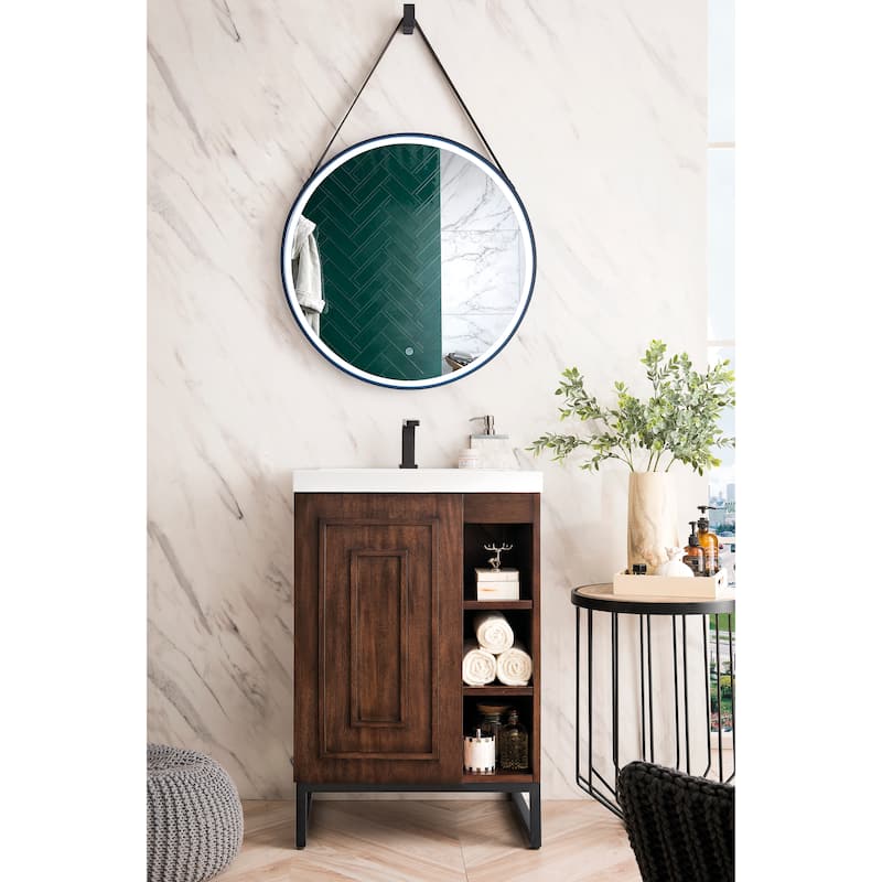 James Martin Vanities Alicante 24" Single Vanity Cabinet, Mid Century Acacia w/ White Glossy Composite Stone Top