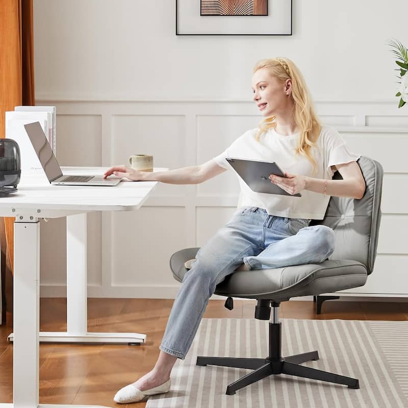 Criss Cross Legged Chair No Wheels Armless Wide Seat Adjustable Height Swivel Thick Padded PU Leather Comfortable Home Office