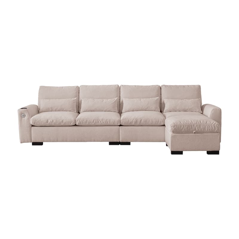 114.5" Modern Modular L Shaped Chenille Sofa with Reversible Ottoman, Storage, USB Ports & Cup Holder, Beige