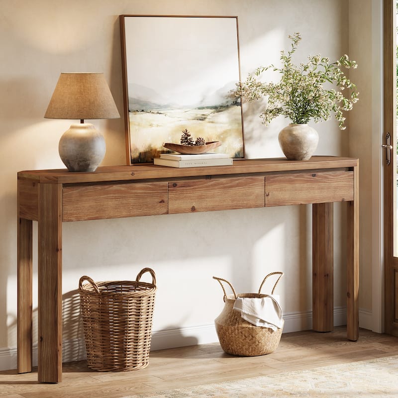 63" Solid Wood Console Table with 3 Drawers, Farmhouse Entryway Table for Living Room, Hallway, Behind Couch