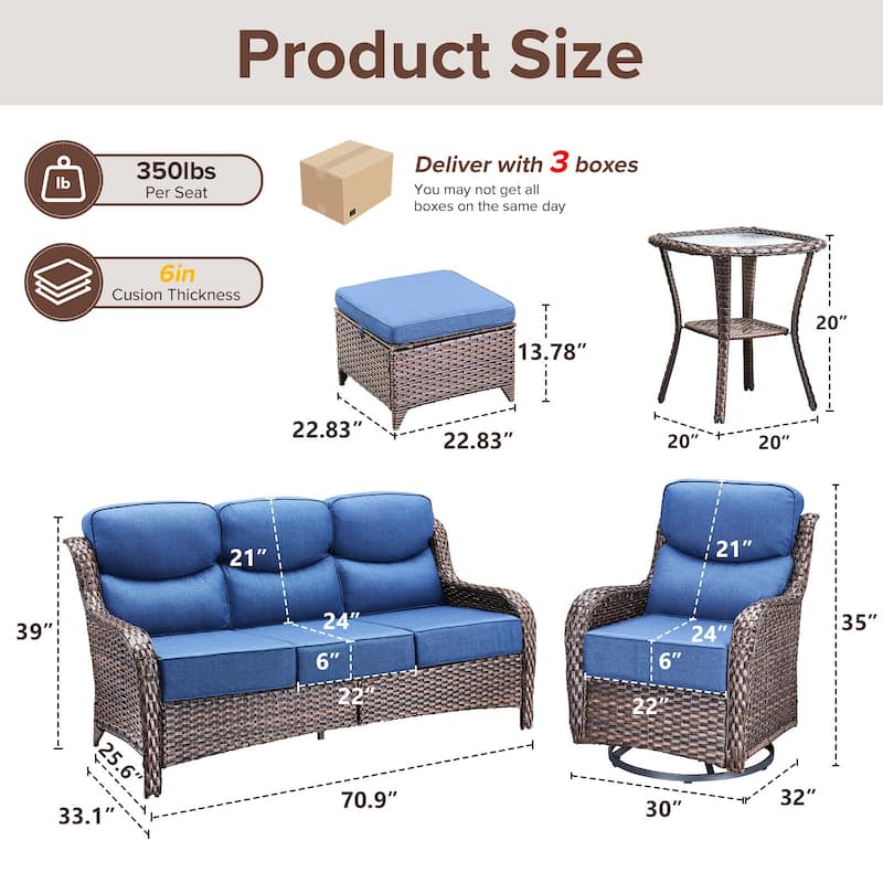 Gymojoy 6-Piece Patio Furniture Set with Swivel Glider Chairs, 6-Inch Ultra-Plush Cushions & Water-Resistant Olefin Fabric