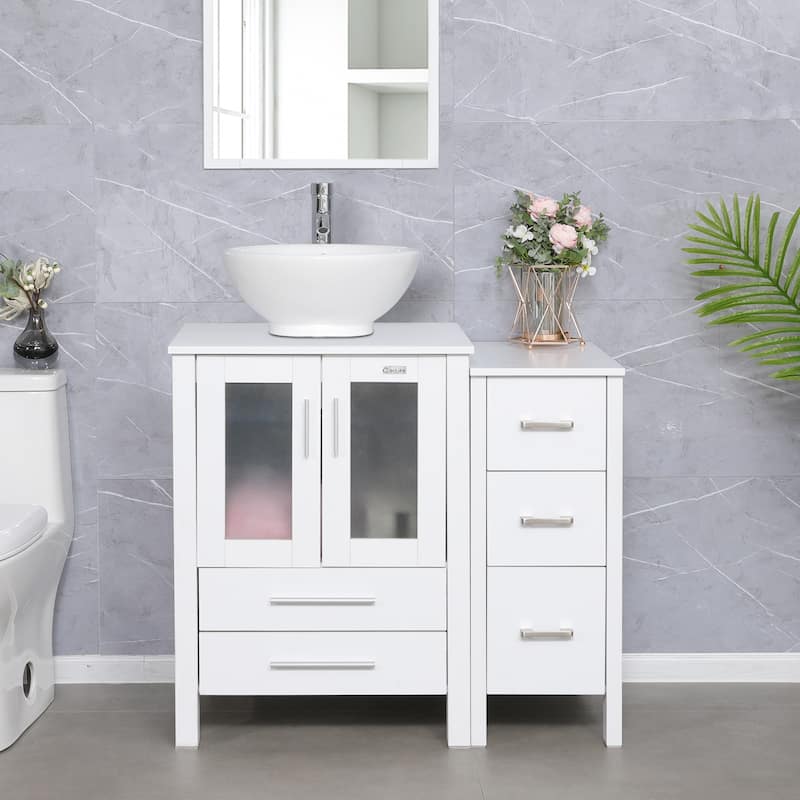36" White Bathroom Vanity Sink Set with Side Cabinet Vessel Sink Faucet Combo - white ceramic round sink