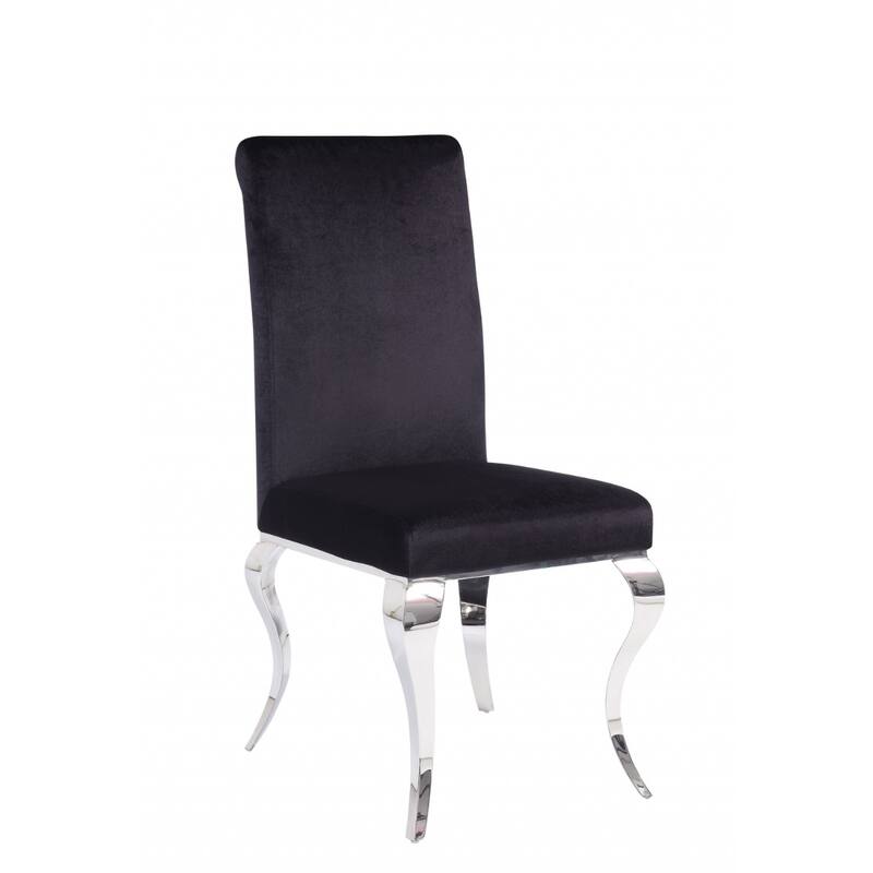 Set of 2 Black Upholstered Dining Chairs with Silver Stainless Steel Legs and Solid Back for Living Room - 40”H x 17”W x 20”D