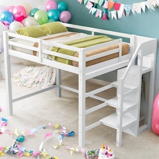 Full Size Loft Bed with Built-in Storage Wardrobe and Staircase,White/Gray