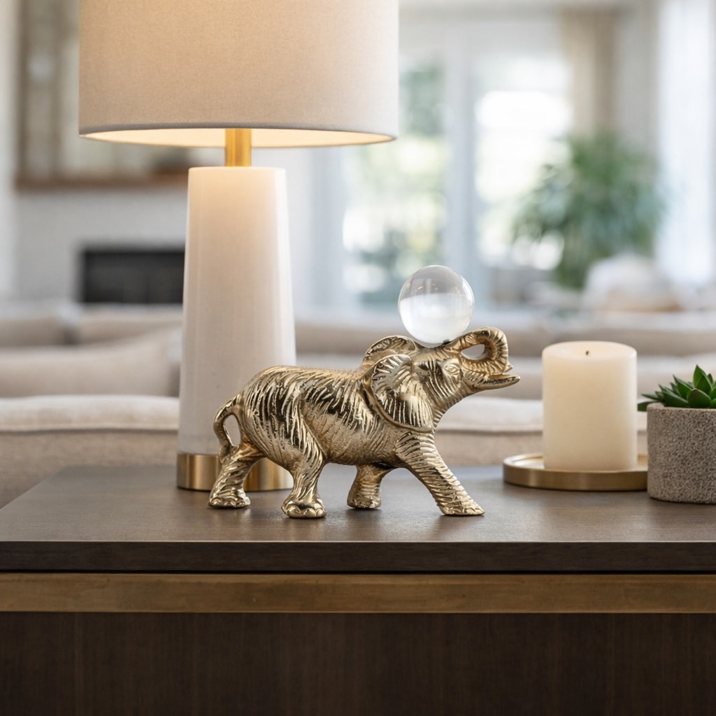 Decorative Elephant Figurine with Acrylic Orb Statue - 9", Gold - 8.75"