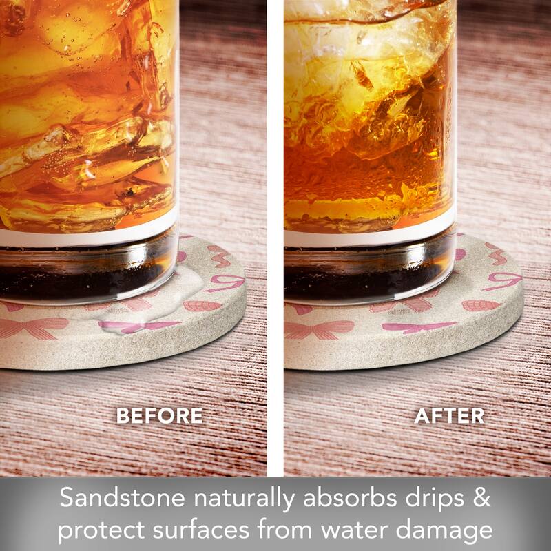 Cute Coquette 4 Pack Round Natural Sandstone Coasters with Protective Cork Backing Manufactured in The USA