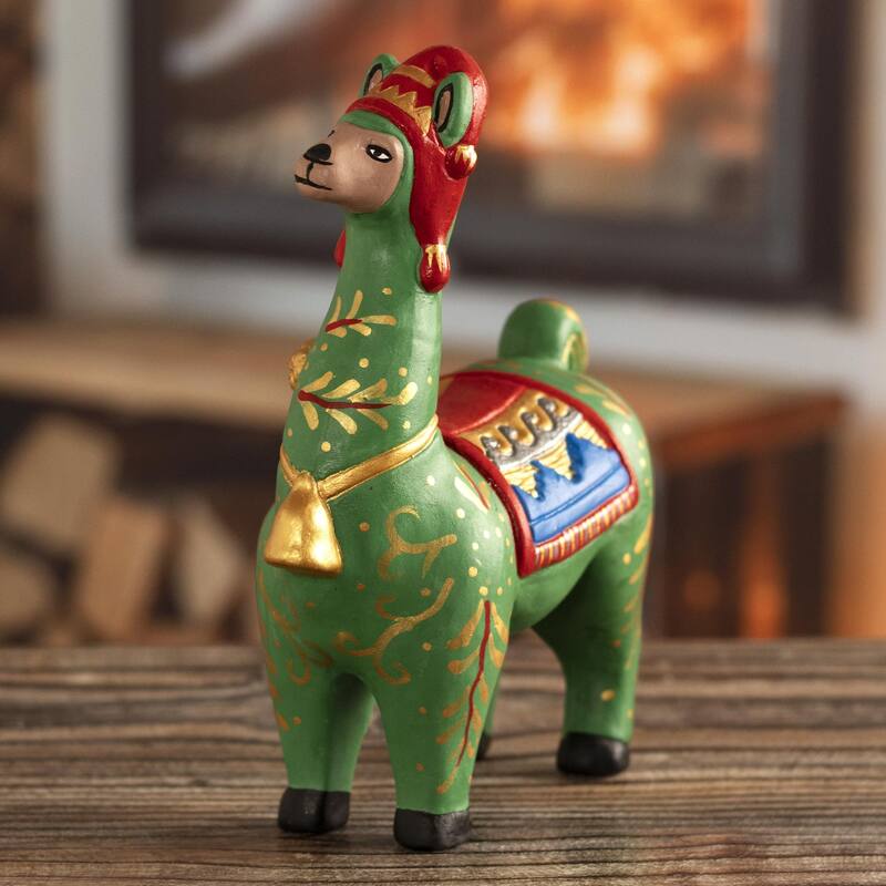 Novica Handmade Holiday Llama In Green Ceramic Statuette