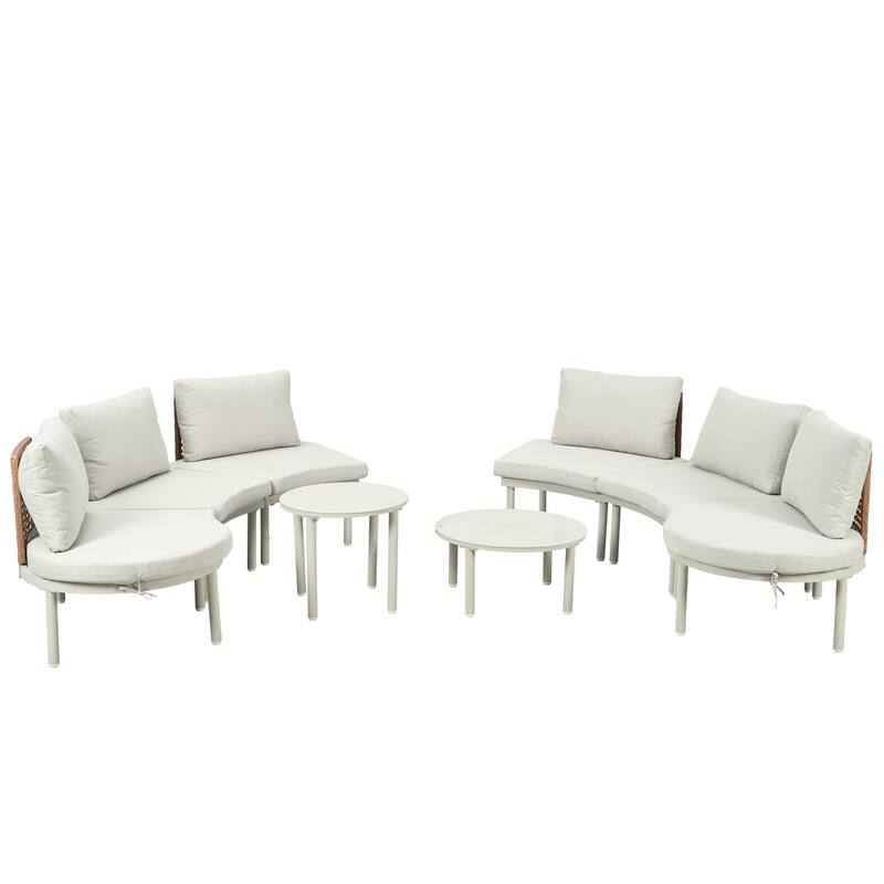 8-Piece Patio Sofa Furniture Set, Half Moon Sectional Sofa with 2 High-Low Coffee Tables, 6 Pillows & Cushions