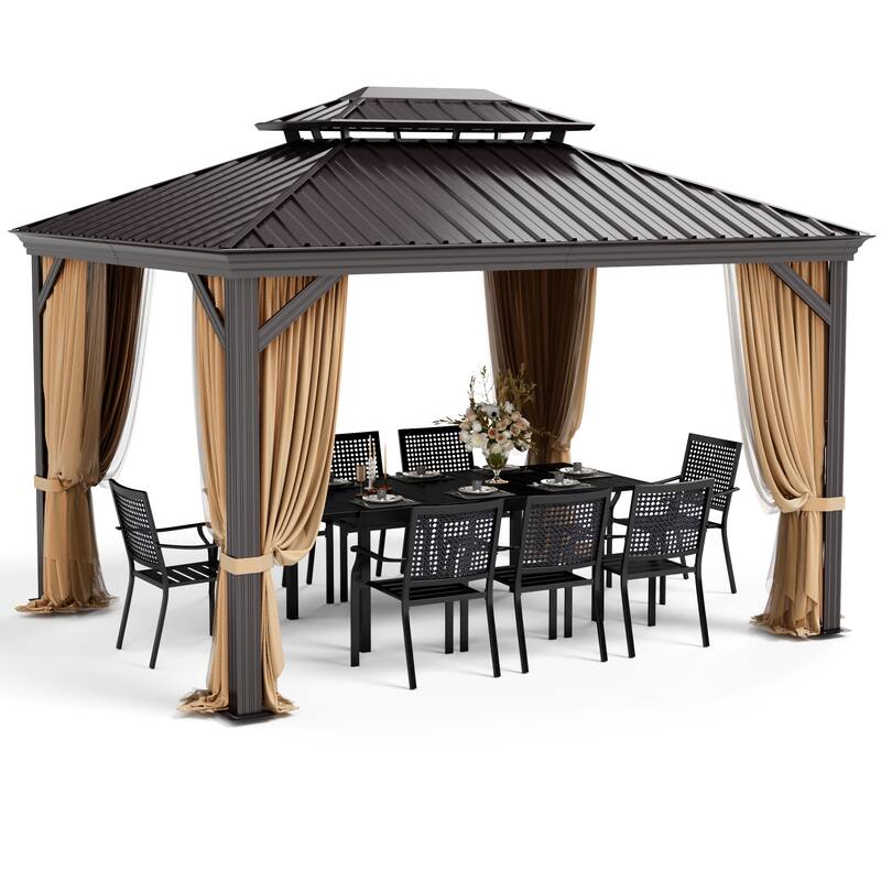 MAISON ARTS 12X16 FT Hardtop Aluminum Permanent Gazebo Double Roof Canopy with Netting & Curtains