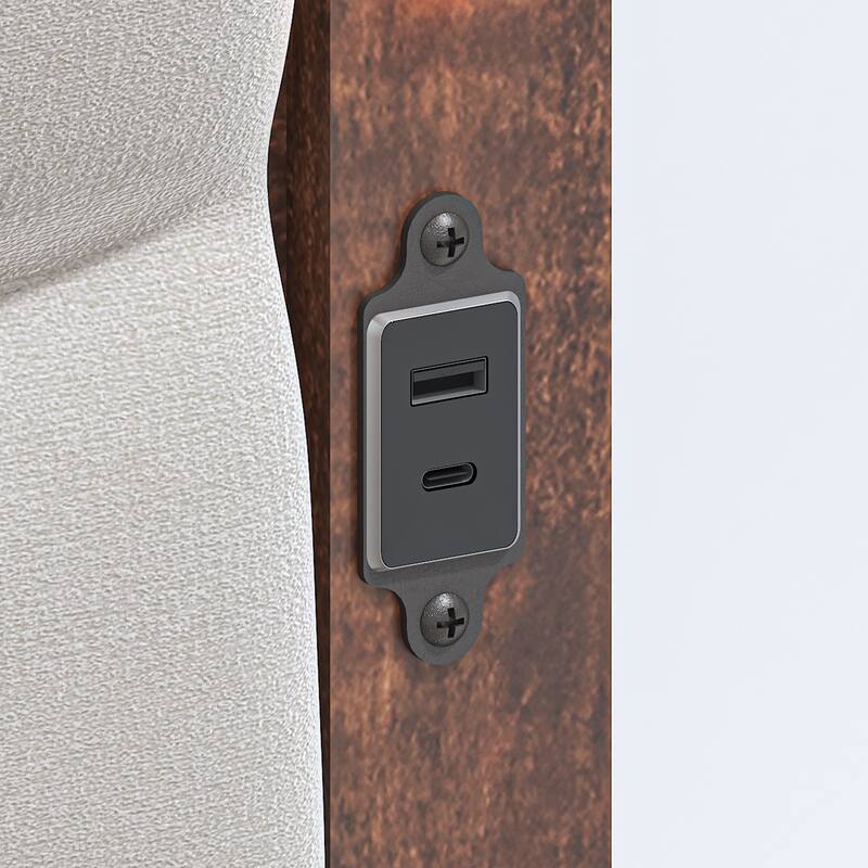 King Size bed Frame with Upholstered Headboard, King bed Frame with Charging Station and LED Lights, Wood Slats