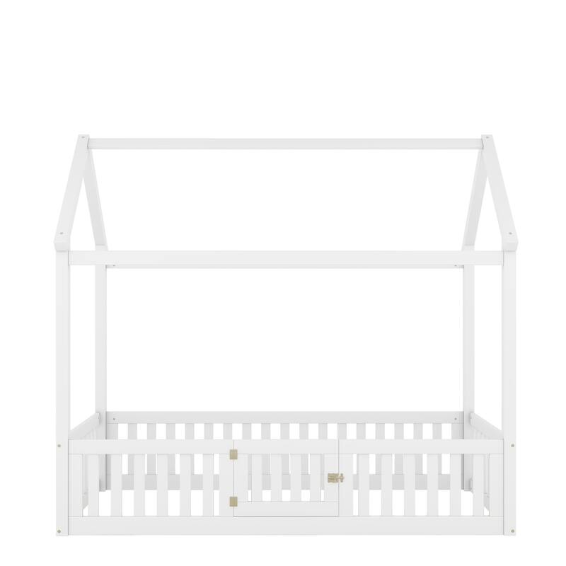 Wood House Bed without Slats, House Shaped Floor Bed Frame with Fence and Door, Solid Pine Kids Playhouse Bed with Roof