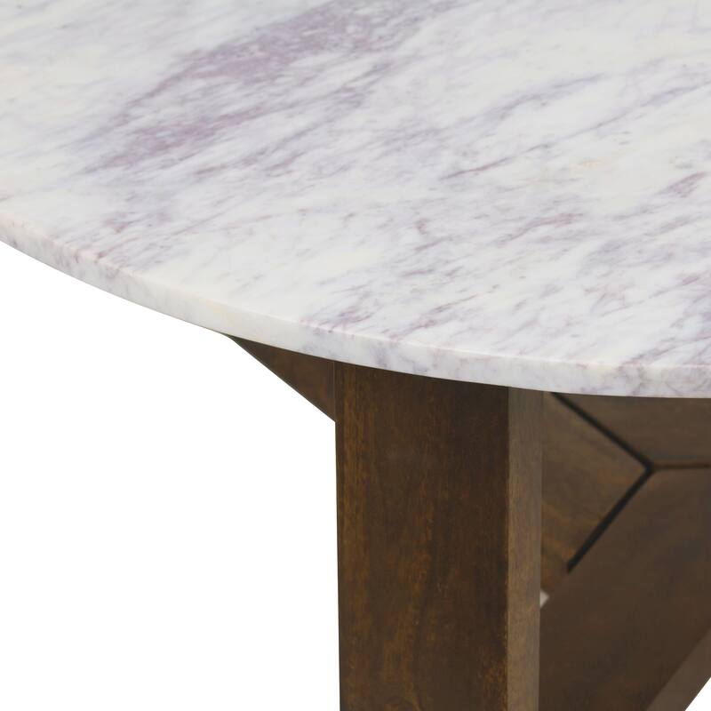 Fina Table, Round White Genuine Marble Top, Natural Brown Mango Wood 3 Leg Sled Base
