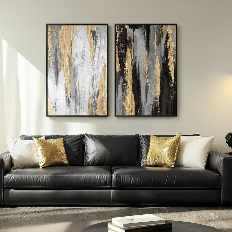 Framed Modern Abstract Wall Art Set, Black White Grey Gold Pictures