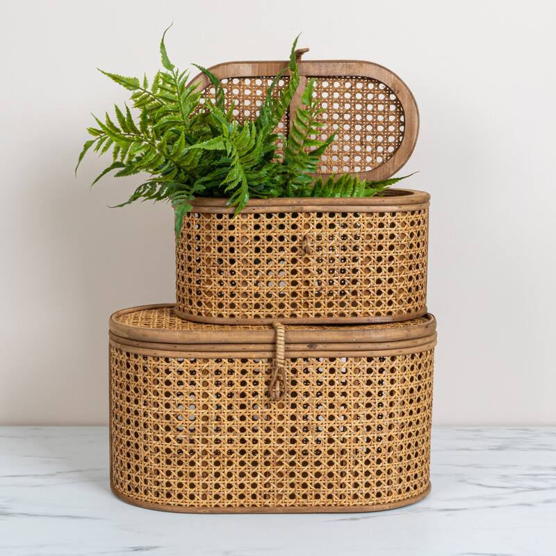 Decorative Woven Rattan Storage Boxes - 15.3"L x 10.3"W x 8.3"H