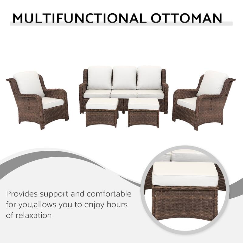 5 Piece Rattan Outdoor Patio Conversation Set, All Weather Hand Woven Wicker Sectional Sofa Set with Removable Cushions