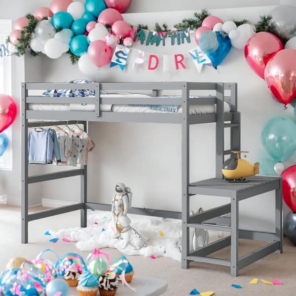slide 2 of 9, Modern Twin Size High Loft Bed with Ladder landing Platform,Ladders,Guardrails and Storage for Bedroom Grey