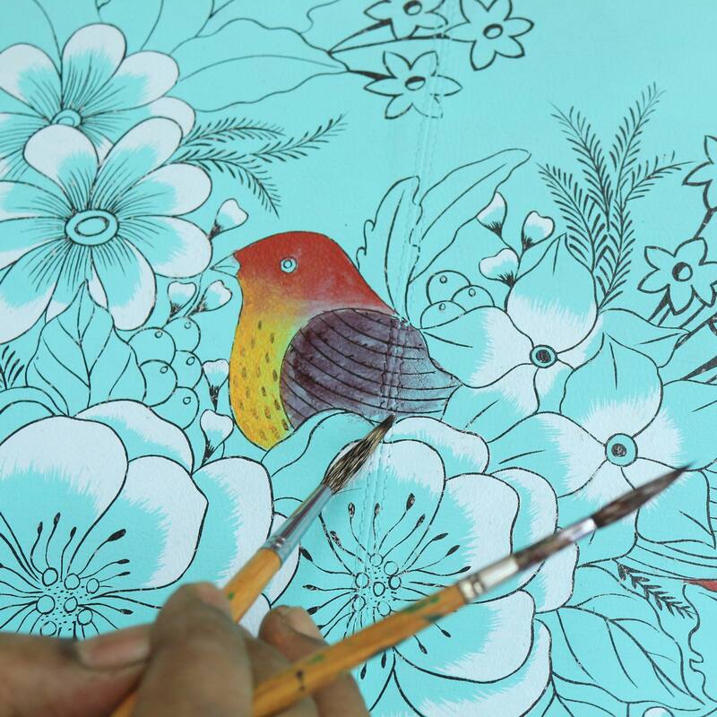 Handpainted Leather Ladies Zippered Organizer Wallet - Vintage Garden Turquoise - Turquoise