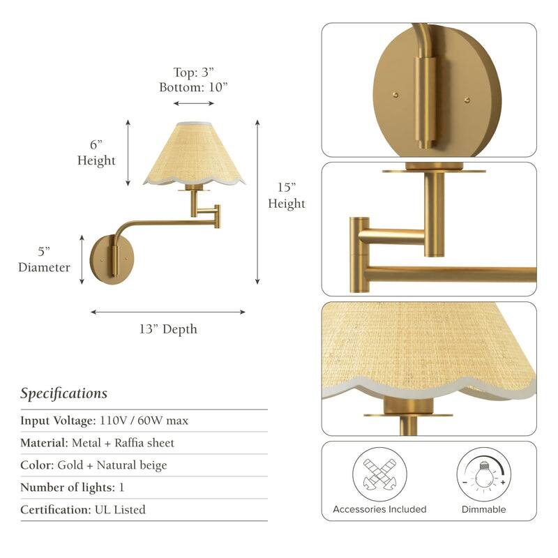 Rowabi Naia Rattan Sconce Metal, Raffia & Natural Beige, Gold 1-Light Handwoven Wall Sconce for Bedroom, Hallway in Modern Style