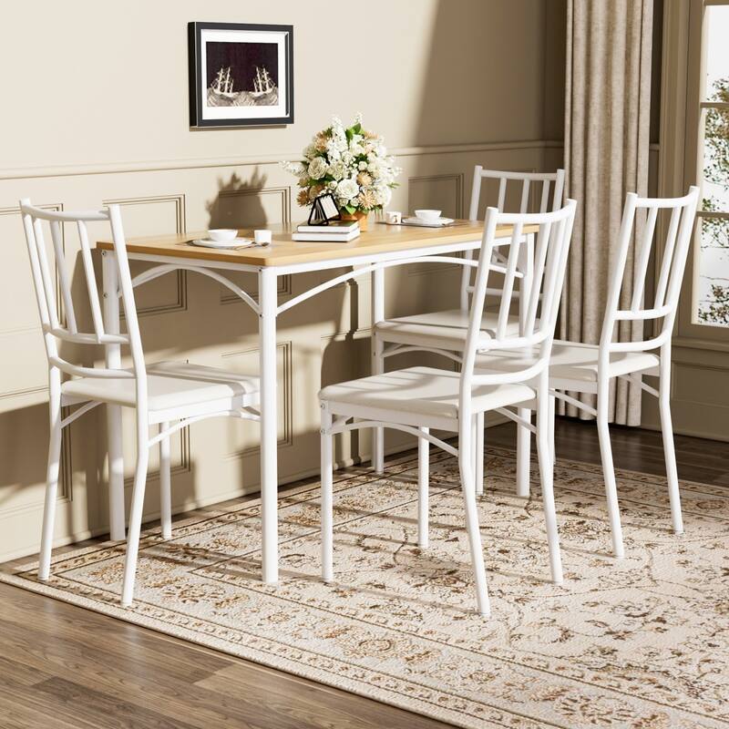 5-Piece Dining Set, 43.3" Rectangle Wood Table with 4 Steel Chairs