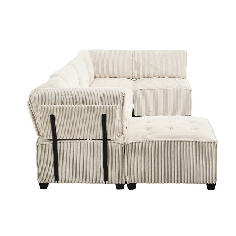 121.26" Corduroy Modular Sectional Sofa 6- Seat U Shaped Couch with Reversible Chaise and Ottoman