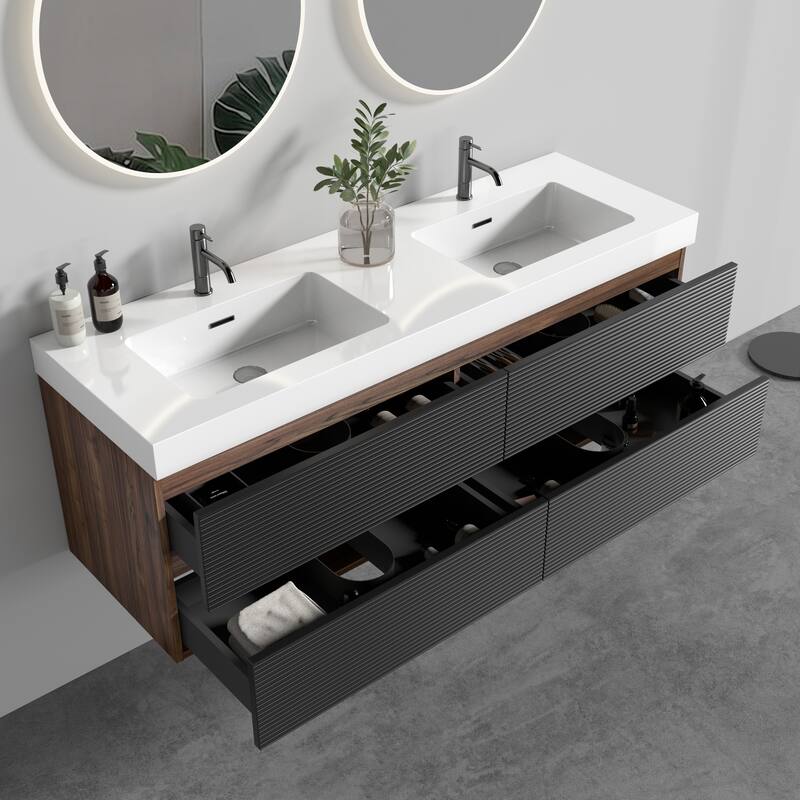 GDFStudio - Grace Floating Bathroom Vanity with Solid Surface Sink and Soft-Close Storage