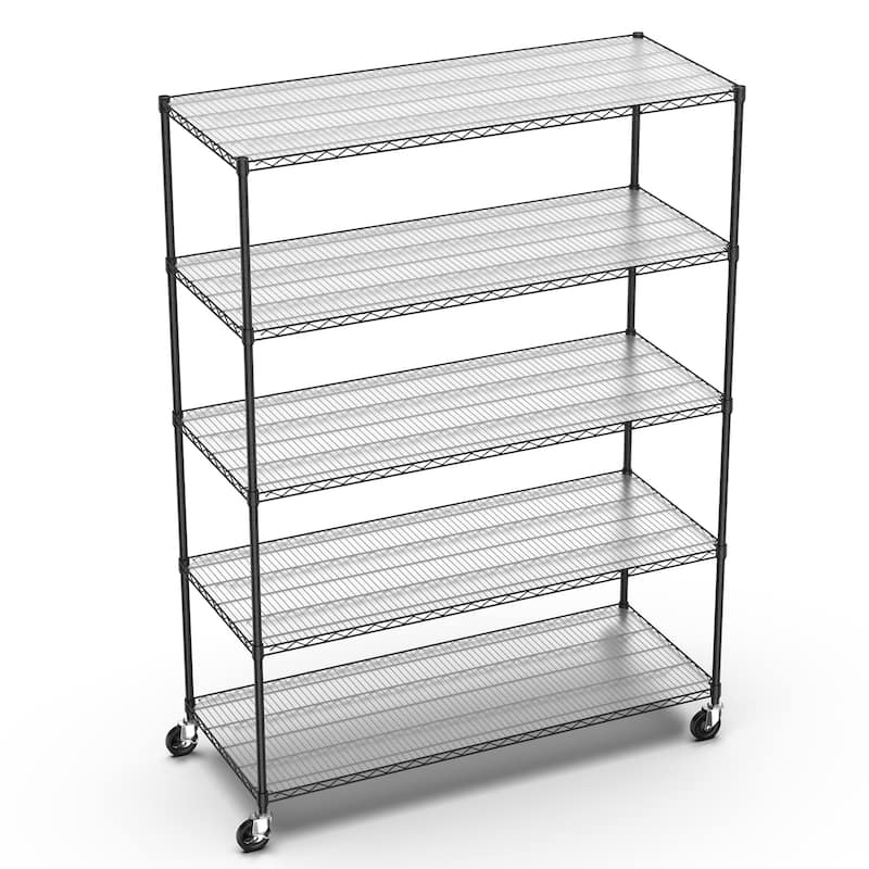 Durable 5 Tier Metal Storage Rack with Adjustable Shelves and Wheel Mobility