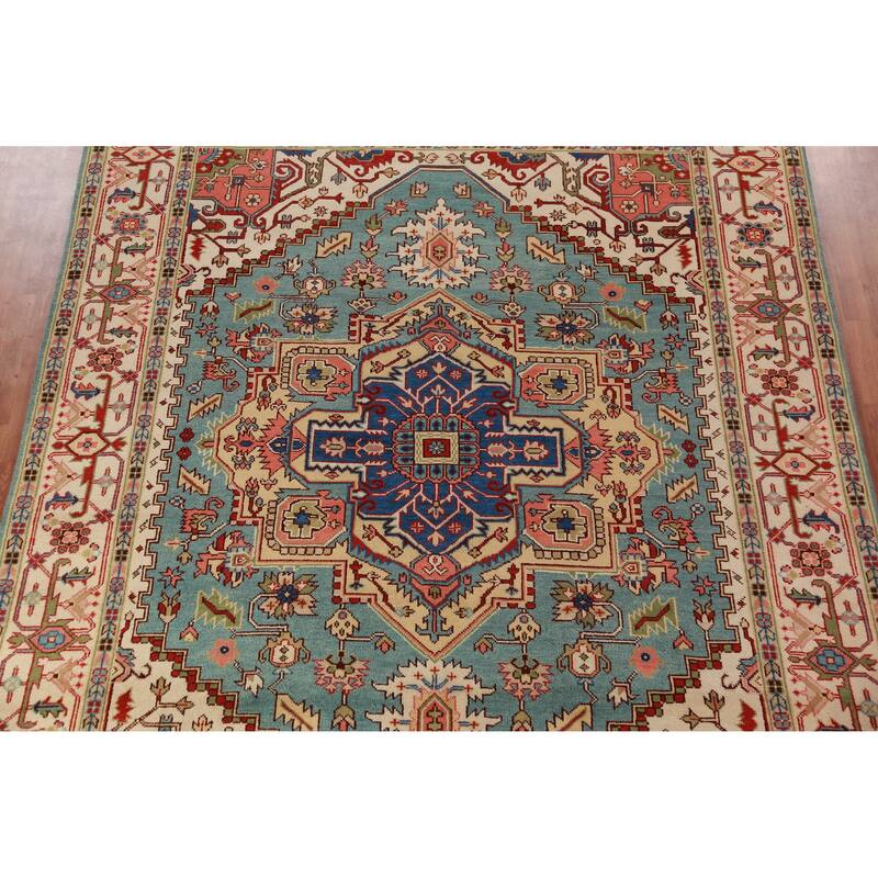 Light Blue Geometric Heriz Serapi Indian Area Rug Handmade Wool Carpet - 8'10"x 11'10"