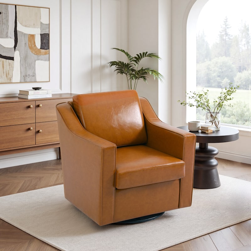 30'' W Vegan Leather/Chenille Swivel Accent Chair with Armrest - Light Brown-Vegan Leather