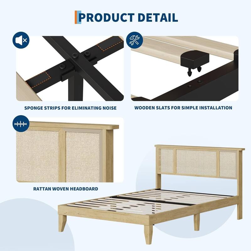 Boho-Style Platform Bed Frame with Natural Rattan Headboard, No Box Spring Required