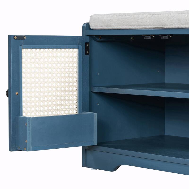 Rustic Storage Bench with Removable Cushion, Woven Rattan Doors & Adjustable Shelves