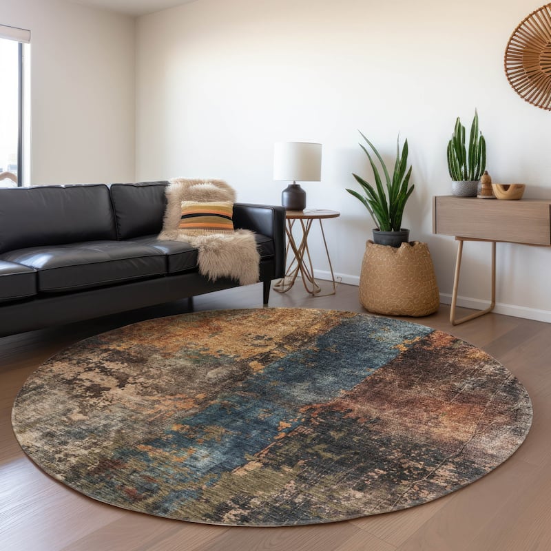 Machine Washable Indoor/ Outdoor Abstract Contemporary Chantille Rug - Blue - 8' x 8'