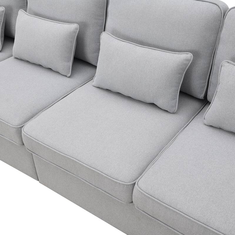 4-seater Modern Linen Fabric Sofa with Armrest Pockets and 4 Pillows, Minimalist Upholstered Living Room Sofa with Soft Armrests