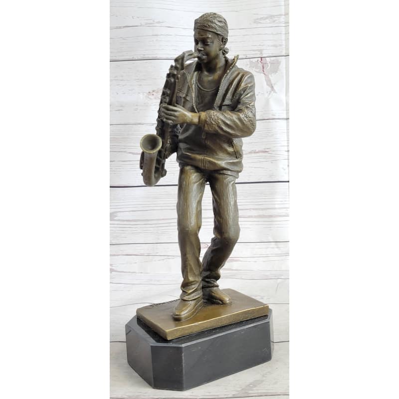 Hand Made African American Black Saxophone Player Musician Bronze Sculpture Statue