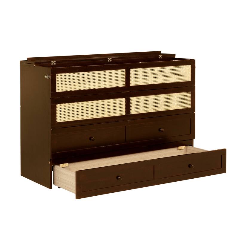 Queen Size Folding Cabinet Bed with Rattan Accent, Solid Pine Frame, Large Storage Drawer, Space-Saving Murphy Design