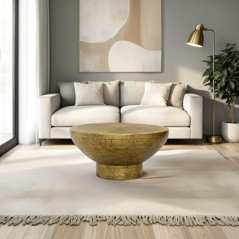 Orion Coffee Table | 32 Inch Round Martini Glass Shape |Hammered Antique Brass Finish