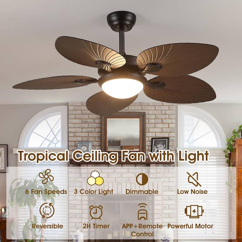 44"/52" Palm Leaf Tropical Ceiling Fan with Light,Indoor and Outdoor Ceiling Fan,Waterproof
