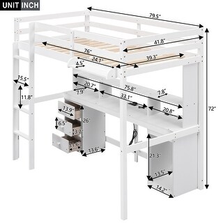 Twin/Full Size Loft Bed with Multi-Storage Desk, LED Light, and Bedside Tray - Charging Station, White