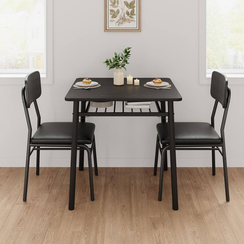 3-Piece Dining Table Set, Wood Table with Storage Rack & 2 Upholstered Chairs, Compact Design for Apartment