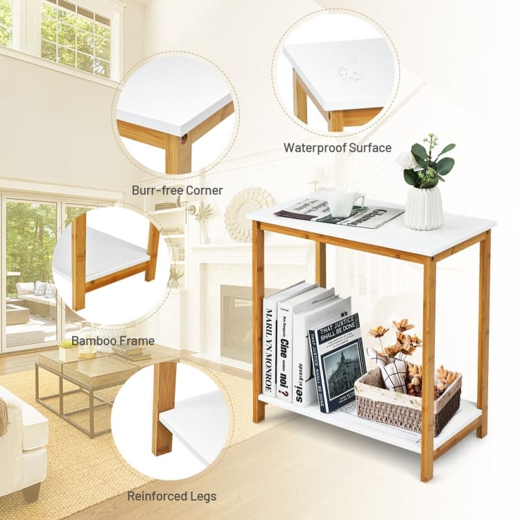 23 Inch Height 2-tier End Table with Bamboo Frame and Bottom Shelf-White - 21" x 12" x 23" (L x W x H)