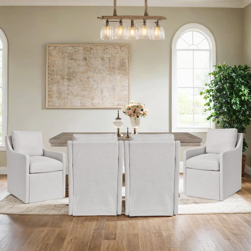 Modern 19.7" Wide Upholstered Rolling Linen Dining Chair - Set of 4 - Armrest-Cream